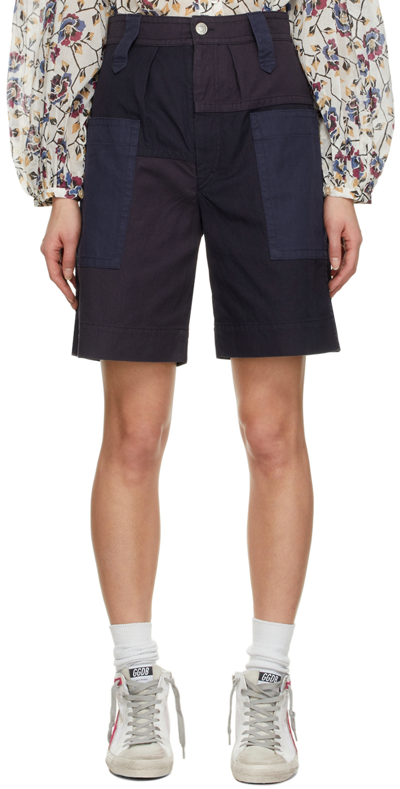 Isabel Marant Étoile Kalerna Patchwork Organic Cotton And Linen-blend Shorts In Blue