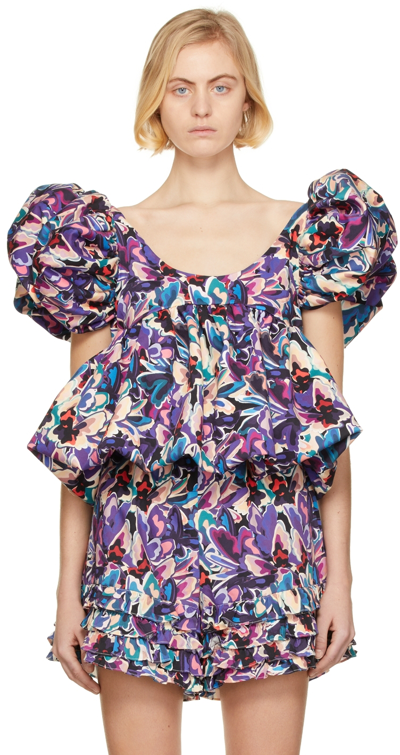 Kika Vargas Chiara Butterfly Print Puff Sleeve Top In Blue Multi