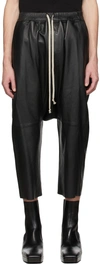 RICK OWENS BLACK LEATHER CROPPED DRAWSTRING TROUSERS