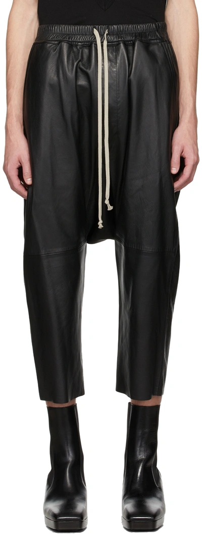 Rick Owens Black Leather Cropped Drawstring Trousers In 09 Black