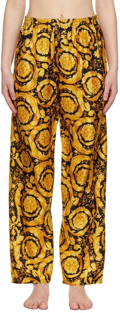 Versace Black & Gold Barocco Print Silk Pyjama Trousers In Yellow