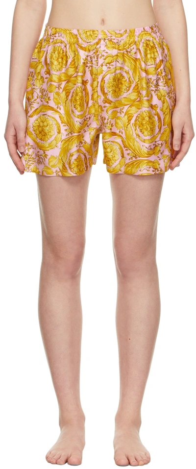 Versace Pink & Gold Barocco Print Silk Pajama Shorts In Candy & Oro