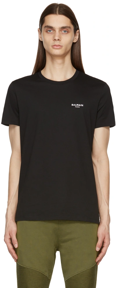 Balmain Black Flocked Logo T-shirt In Eab Noir/blanc