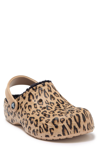 Crocs Baya Faux Fur Lined Leopard Print Clog In Leopard/ Gold
