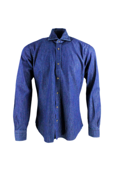Barba Napoli Dandy Life Mens Shirt In Dark Stretch Denim With Brown Wooden Buttons In Blue
