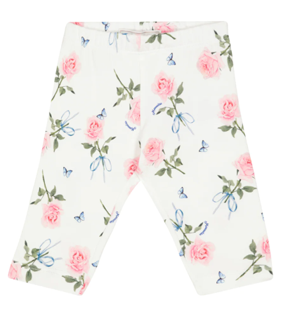Monnalisa Babies' Floral Embroidered Leggings In Cream + Pink