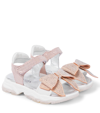 Monnalisa Kids' Bow-embellished Leather Sandals In Rosa Antico