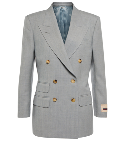 Gucci Logo Patch Double Breasted Blazer In Grey