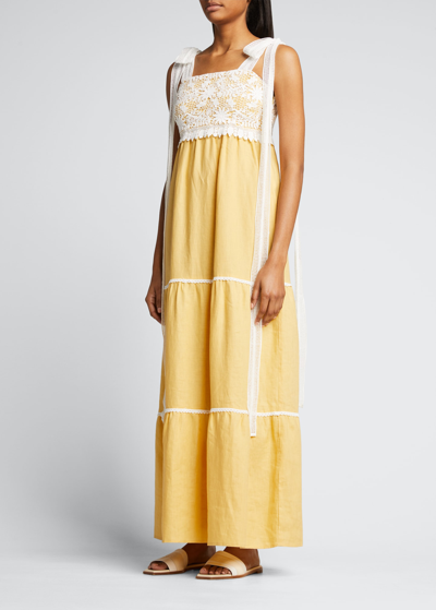 Miguelina Juniper Crocheted Cotton And Linen Midi Dress In Yellow