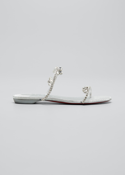 Christian Louboutin Just Queenie Red Sole Crystal Metallic Flat Sandals In Silver