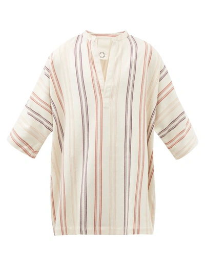 Marrakshi Life Collarless Striped-cotton Shirt In Cream Multi