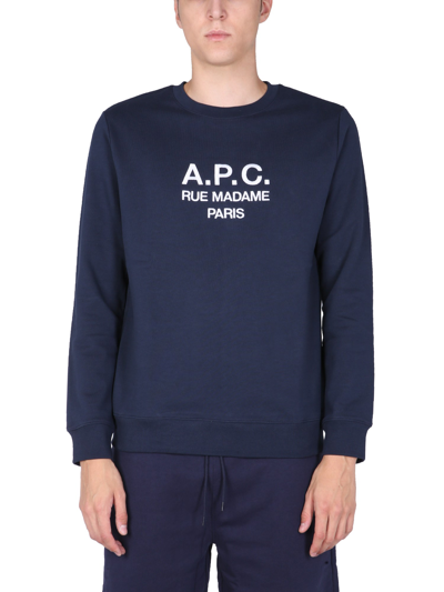A.p.c. Crew Neck Blue Cotton Sweatshirt With Logo Print A.p.c Man
