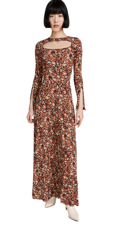 Victoria Beckham Floral Jersey Cut-out Dress In Brown Orange Turquoise
