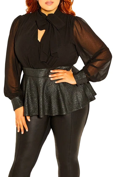 City Chic Night Sky Tie Neck Sequin Peplum Blouse In Black