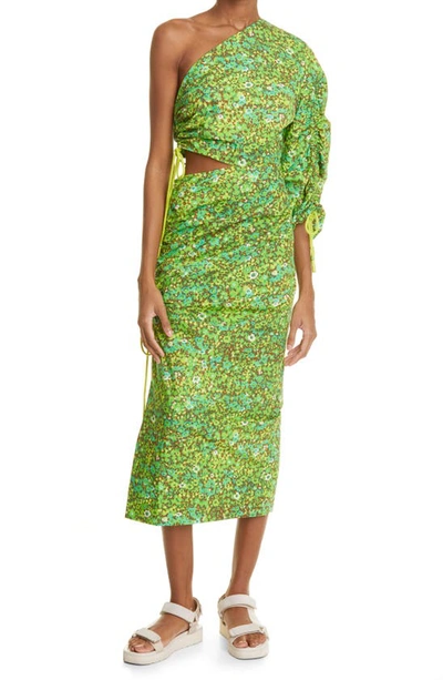 Alemais Phyllis Ruched One-shoulder Organic Cotton Dress In Green