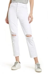 7 For All Mankind High Rise Ripped Cropped Straight Jeans In Royce Blanc In Royce Blanc