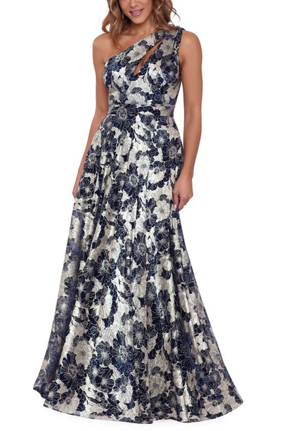 Betsy & Adam Metallic-floral One-shoulder Gown In Navy,gold