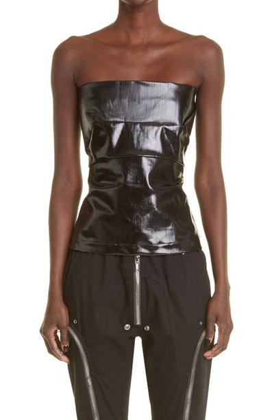 Rick Owens Lacquered Stretch Denim Strapless Bustier Top In Black