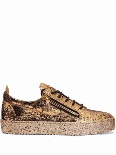 Giuseppe Zanotti Frankie Crocodile-effect Leather Sneakers In Gold