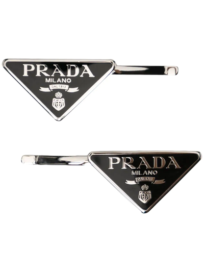 Pre-owned Prada 2000s Enamel Triangle Logo Hair Clips In Black