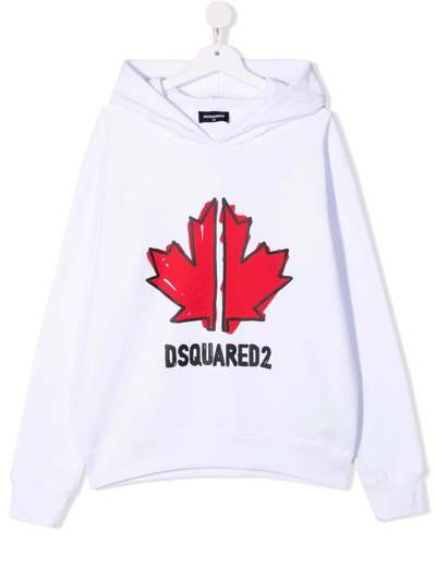 Dsquared2 Kids White Hoodie With Front And Back Sport Edtn.05 Print