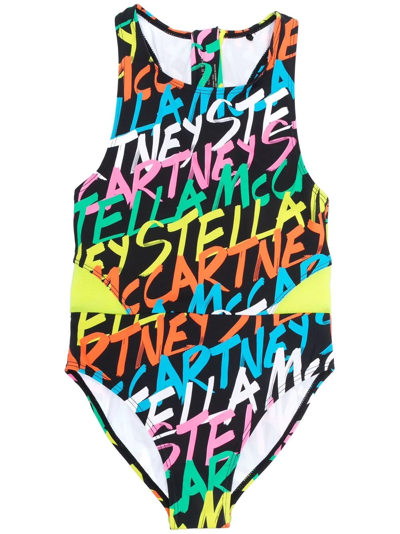 Stella Mccartney Teen All-over Logo Print Swimsuit In Black