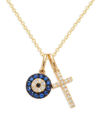 Effy Women's 14k Yellow Gold, Diamonds, Sapphire Evil Eye & Cross Pendant Necklace
