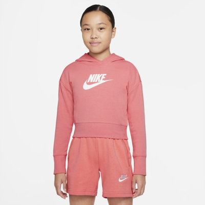 Nike Sportswear Club Big Kids' French Terry Cropped Hoodie In Pink Salt/white