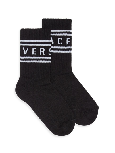 Versace Logo Intarsia Cotton Blend Socks In Black