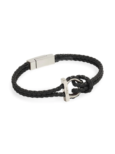 Ferragamo Braided Leather Gancini Bracelet In Pelle Black Silver