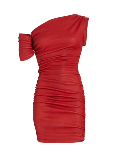 Laquan Smith Leather One Shoulder Ruched Leather Mini Dress In Red |  ModeSens