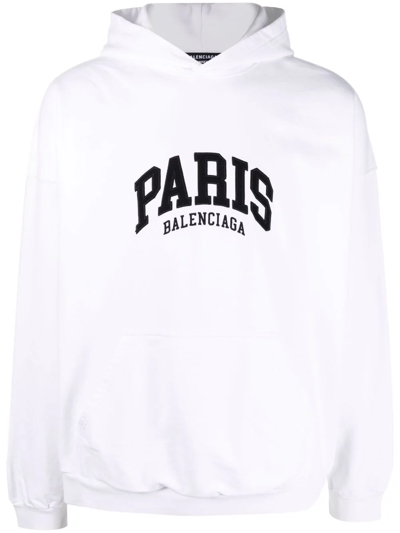 Balenciaga Paris Logo刺绣连帽衫 In White Black