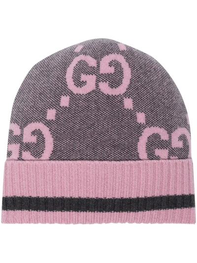 Gucci Grey And Pink Gg Cashmere Beanie Hat
