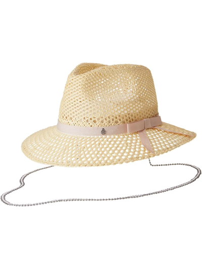 Maison Michel Rico Cutout Bow Fedora Hat W/ Chain Strap In Natural