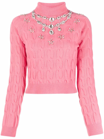 Rabanne Embellished Cable-knit Cropped Jumper In Pink
