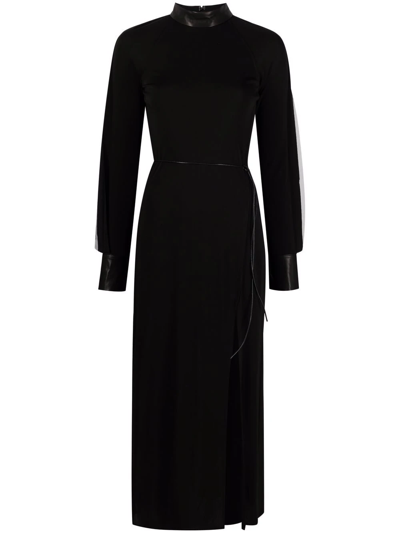 Helmut Lang Leather Trim Midi Dress In Schwarz