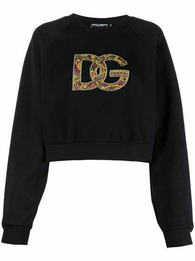 Dolce & Gabbana Brocade Logo Cotton Blend Sweatshirt In Black