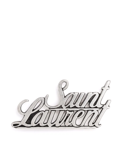 Saint Laurent Brass Brooch With Logo Lettering In Silver