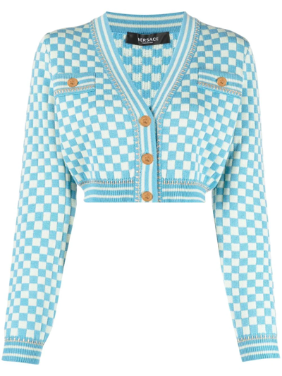 Versace Cropped Checked Wool-blend Jacquard Cardigan In Blue