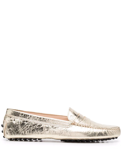 Tod's Gommino Crackled-leather Loafers In Gold