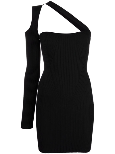 Adamo Ribbed Asymmetric Mini Dress In Schwarz