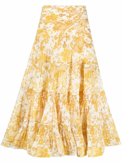 Zimmermann Postcard印花褶裥中长半身裙 In Swirl Floral Yellow