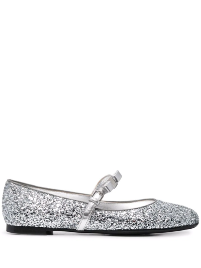 Ferragamo Bow-detail Glitter Ballerina Shoes In Silber
