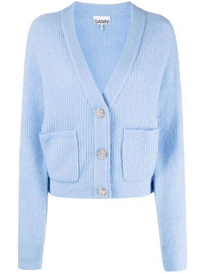 Ganni V-neck Crystal-embellished Rib-knit Cardigan In Light Blue