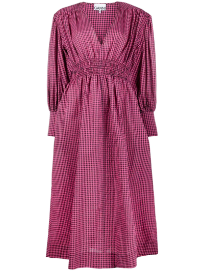 Ganni Shirred Gingham Seersucker Midi Dress In Carmine Rose