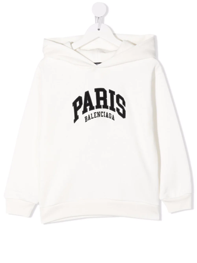 Balenciaga Kids' Embroidered Paris Logo Hoodie In White