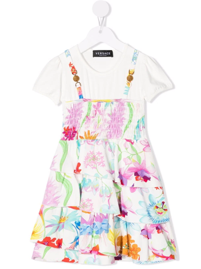 Versace Kids' Floral-print Ruffled Dress In White