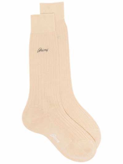 Brioni Ribbed-knit Cotton Socks In Neutrals