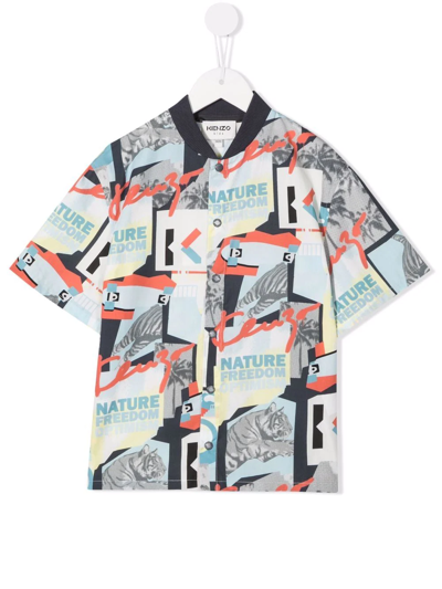 Kenzo Kids' Graphic-print Baseball-collar Shirt In Blue