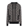 Balmain Hooded Wool Blend Sweater With All-over Monogram In Ivoire Noir